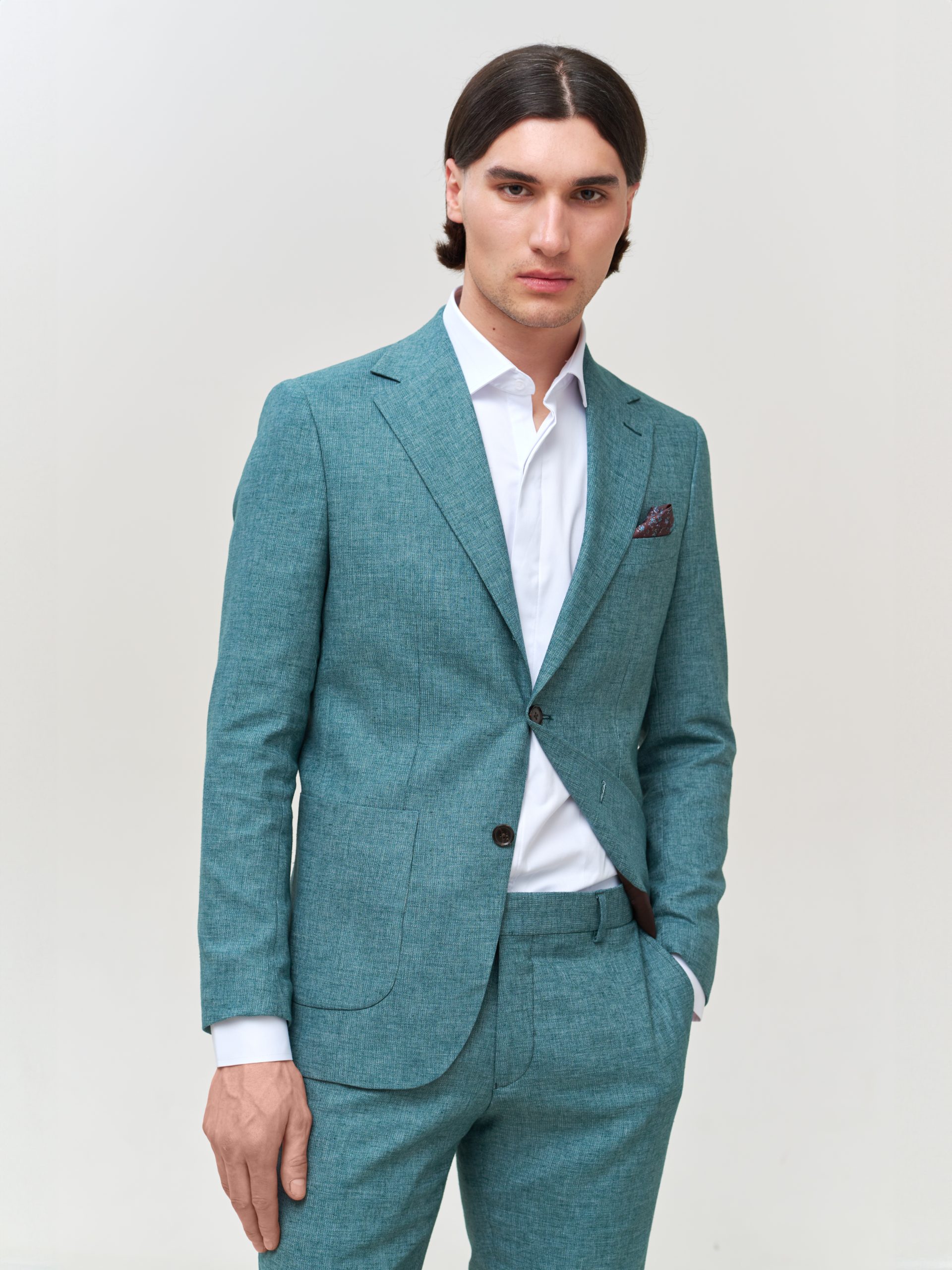 Класичний повсякденний лляний костюм смарагдового кольору